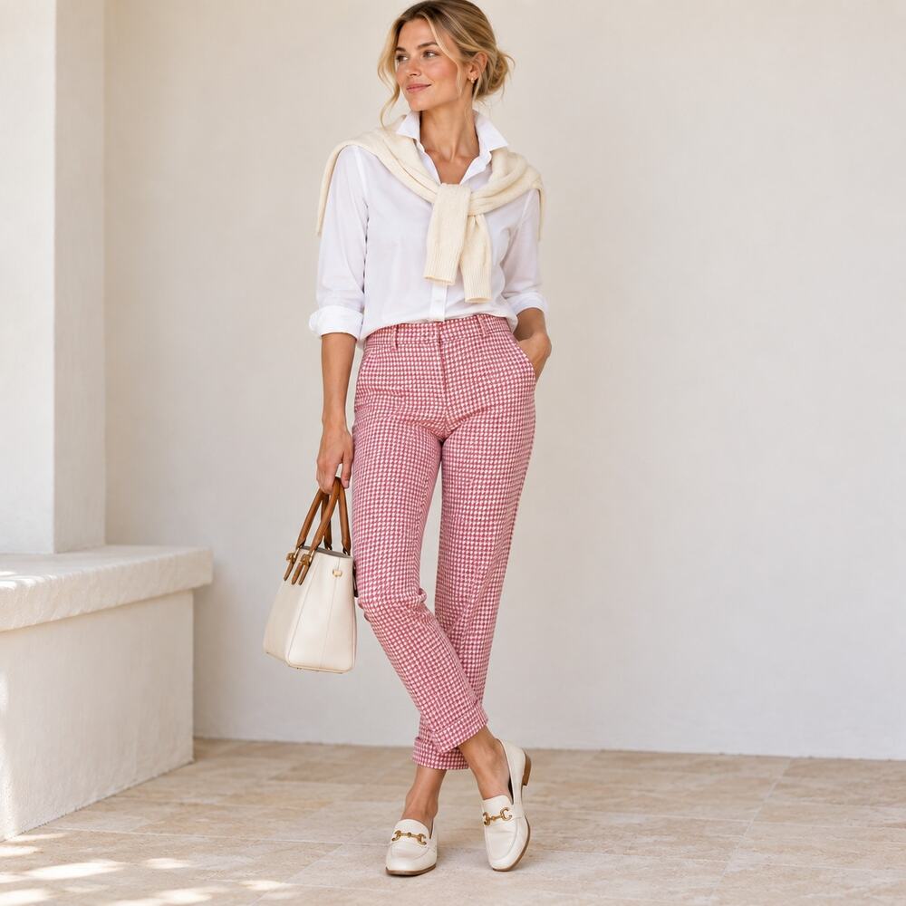 Ann Taylor Pink Houndstooth High Rise Ankle Pants Size 6 Preppy Trousers